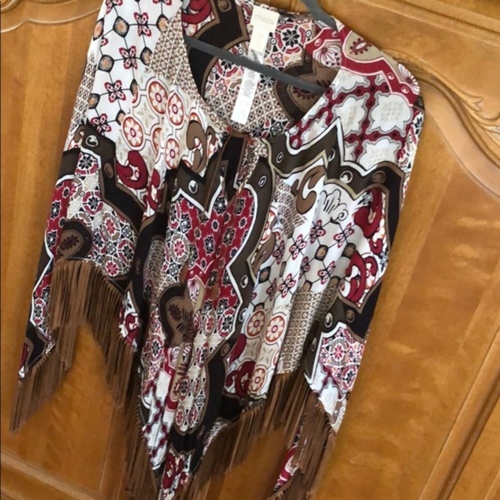 Chico’s Fab Leather Fringed Poncho in Size OS - Picture 2 of 7